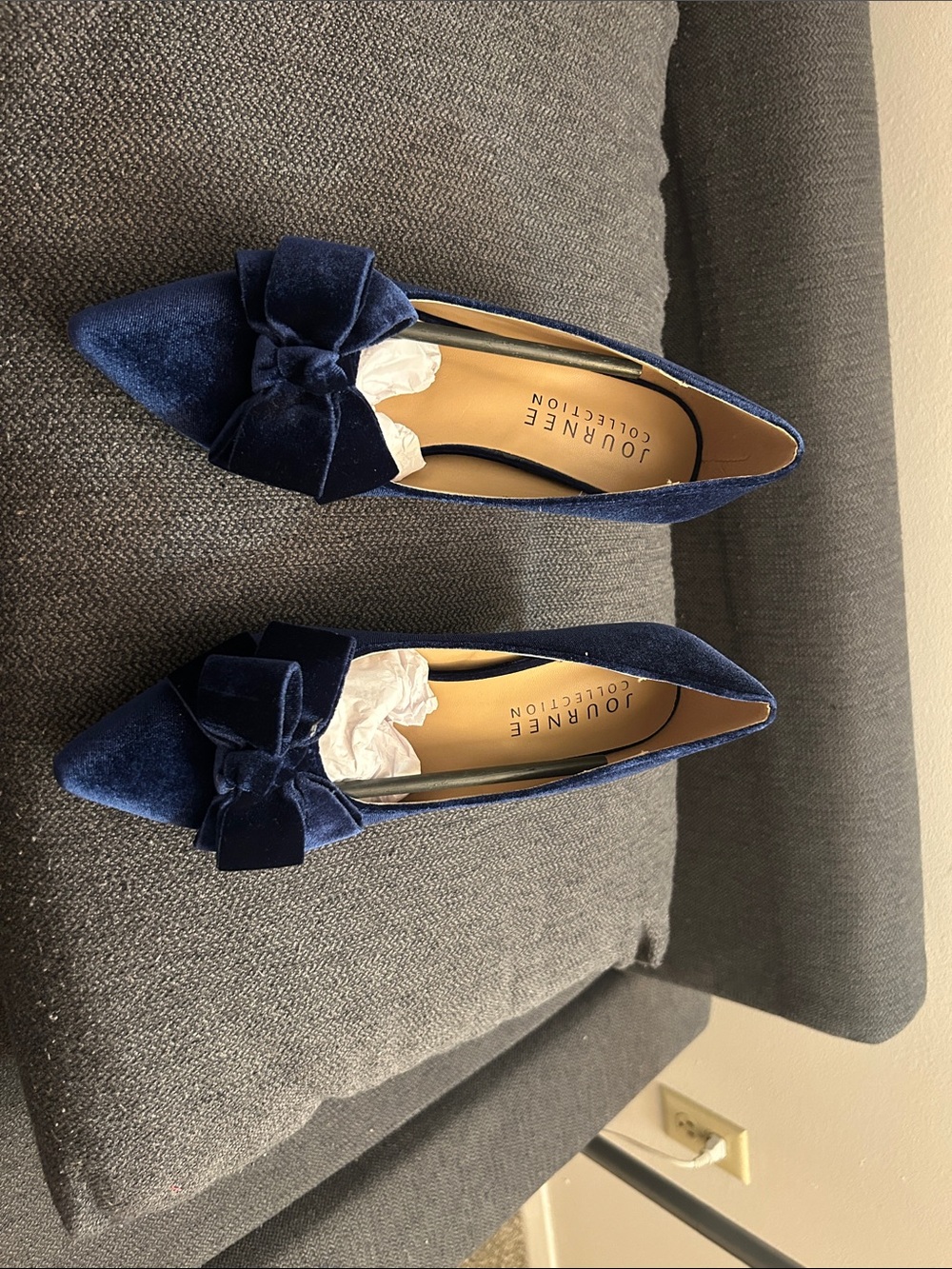 Journee Collection Navy Velvet Pointed Toe Flats with Bow Accent